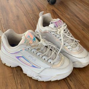 Fila white sneakers with some parts iridescent. Worn maybe 7 times.